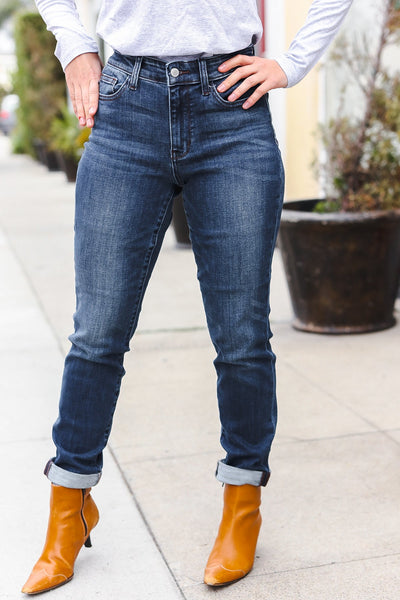 Judy Blue Dark Wash Mid Rise Cuffed Slim Fit Jeans - Online Only!