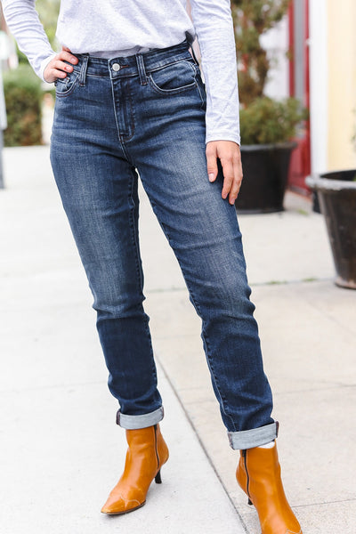 Judy Blue Dark Wash Mid Rise Cuffed Slim Fit Jeans - Online Only!
