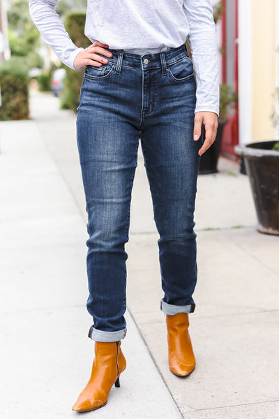 Judy Blue Dark Wash Mid Rise Cuffed Slim Fit Jeans - Online Only!