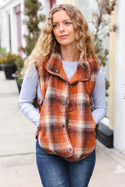 Put Together Rust Taupe Plaid Snap Button Quilted Puffer Vest - Online Only!