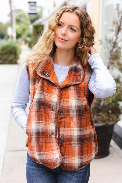 Put Together Rust Taupe Plaid Snap Button Quilted Puffer Vest - Online Only!