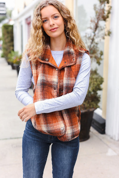 Put Together Rust Taupe Plaid Snap Button Quilted Puffer Vest - Online Only!