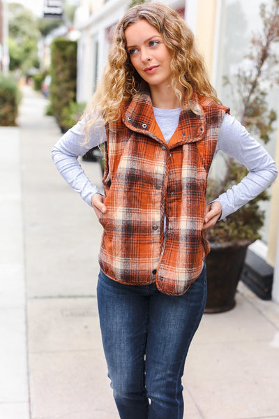 Put Together Rust Taupe Plaid Snap Button Quilted Puffer Vest - Online Only!