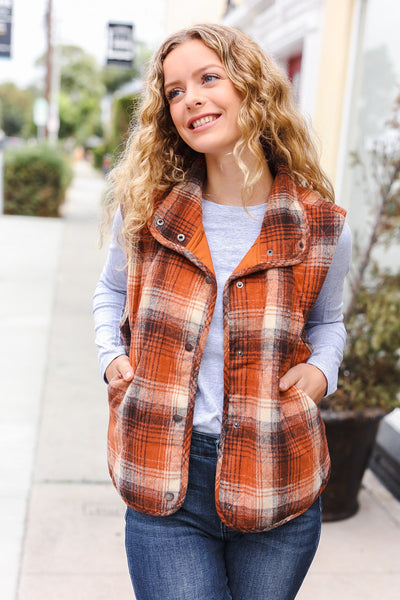Put Together Rust Taupe Plaid Snap Button Quilted Puffer Vest - Online Only!
