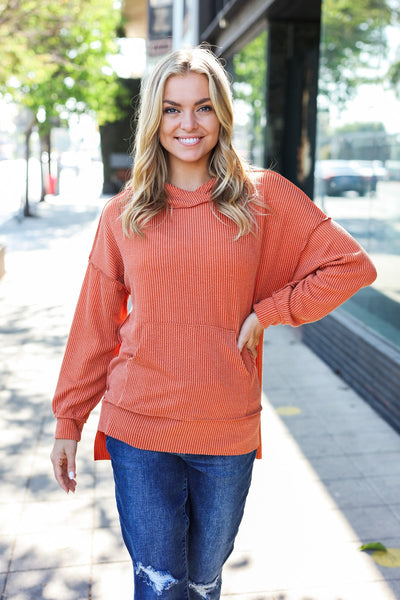 Cozy Days Rust Mineral Wash Rib Knit Hoodie - Online Only!