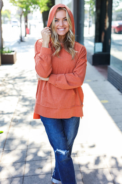 Cozy Days Rust Mineral Wash Rib Knit Hoodie - Online Only!