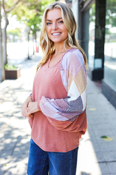 Weekend Ready Rust Argyle Pattern Dolman V Neck Top - Online Only!