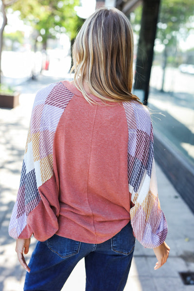 Weekend Ready Rust Argyle Pattern Dolman V Neck Top - Online Only!