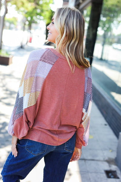 Weekend Ready Rust Argyle Pattern Dolman V Neck Top - Online Only!