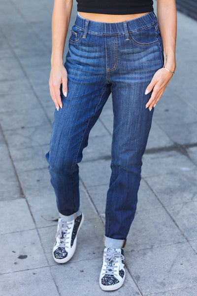 Judy Blue Dark Wash Pull On Cuffed Slim Fit Jeans - Online Only!