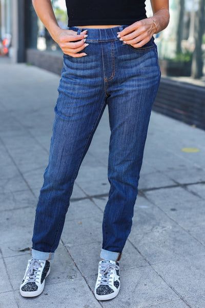 Judy Blue Dark Wash Pull On Cuffed Slim Fit Jeans - Online Only!