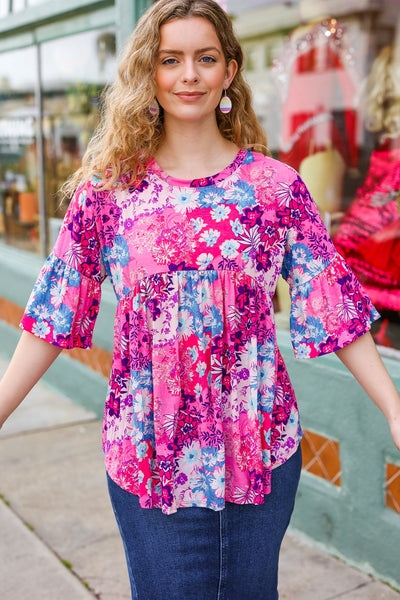 Pink & Blue Floral Print Babydoll Bell Sleeve Top - Online Only!