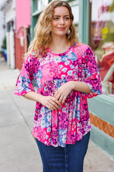 Pink & Blue Floral Print Babydoll Bell Sleeve Top - Online Only!