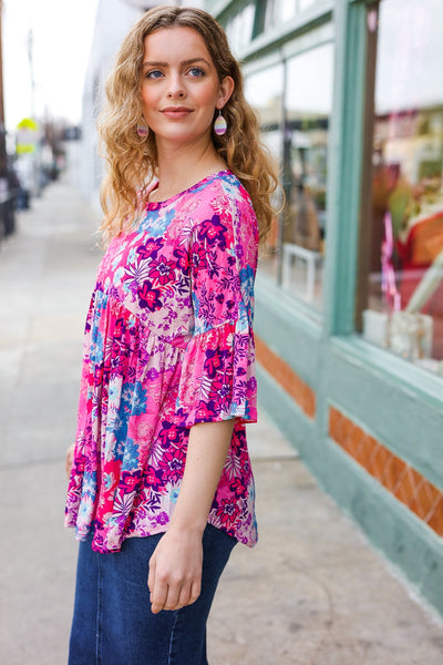 Pink & Blue Floral Print Babydoll Bell Sleeve Top - Online Only!