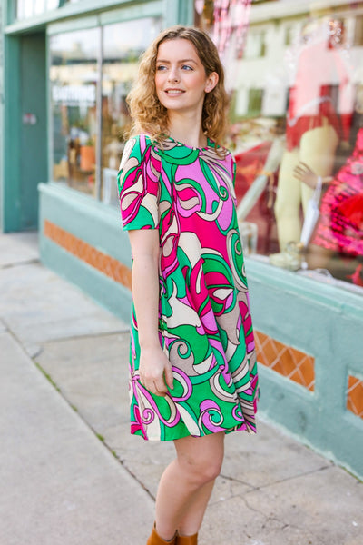 Feeling Bold Fuchsia & Green Abstract Floral Print Dress - Online Only!
