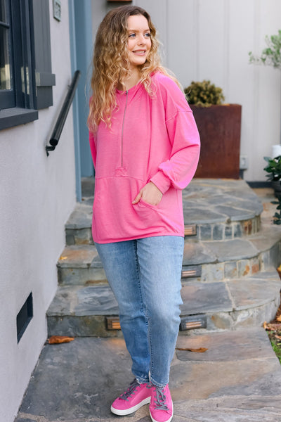 Ready to Relax Hot Pink Half Zip French Terry Hoodie - Online Only!