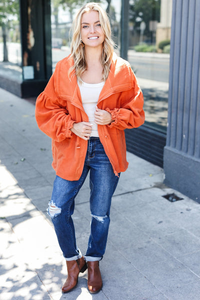 Rust Cinched Waist Zip Up Fleece Jacket - Online Only!