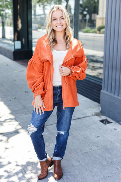 Rust Cinched Waist Zip Up Fleece Jacket - Online Only!