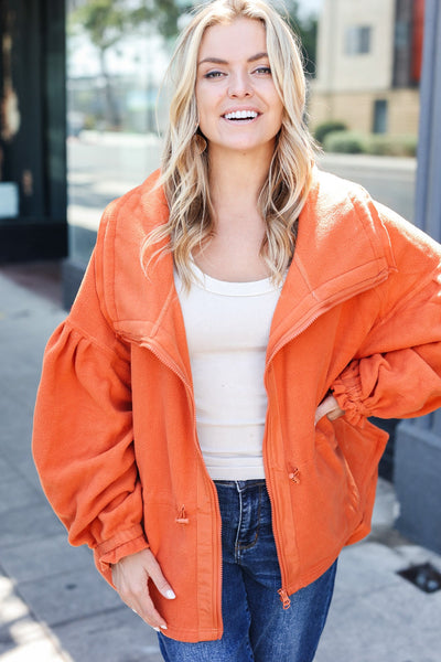 Rust Cinched Waist Zip Up Fleece Jacket - Online Only!