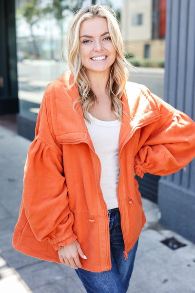 Rust Cinched Waist Zip Up Fleece Jacket - Online Only!