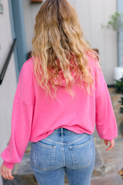 Ready to Relax Hot Pink Half Zip French Terry Hoodie - Online Only!