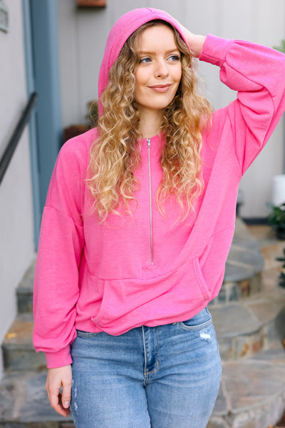 Ready to Relax Hot Pink Half Zip French Terry Hoodie - Online Only!