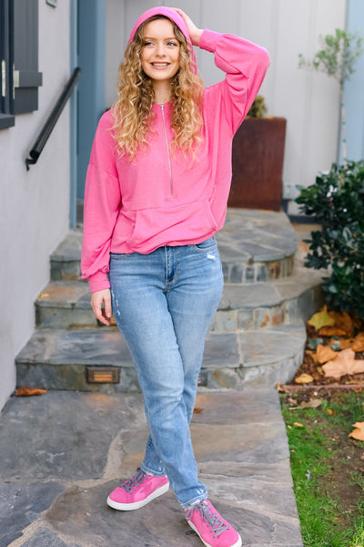 Ready to Relax Hot Pink Half Zip French Terry Hoodie - Online Only!