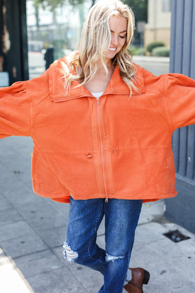 Rust Cinched Waist Zip Up Fleece Jacket - Online Only!