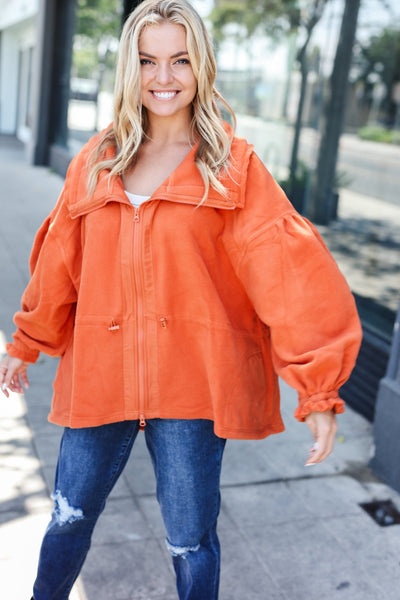Rust Cinched Waist Zip Up Fleece Jacket - Online Only!