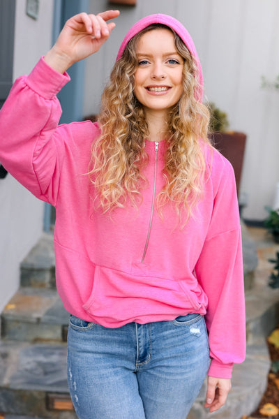 Ready to Relax Hot Pink Half Zip French Terry Hoodie - Online Only!