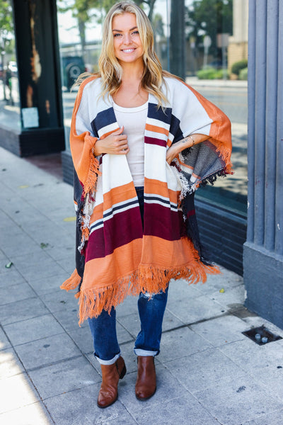 Follow Me Rust Multicolor Stripe Tassel Fringe Open Poncho - Online Only!