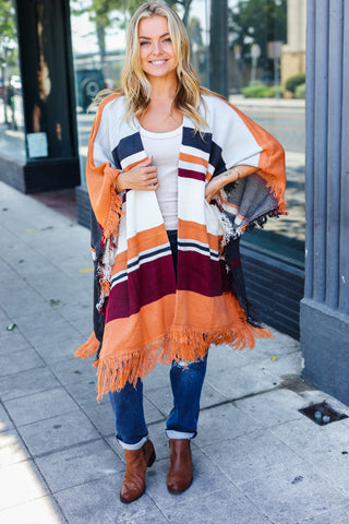 Follow Me Rust Multicolor Stripe Tassel Fringe Open Poncho - Online Only!