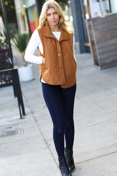 Layer Up Camel High Neck Quilted Puffer Vest - Online Only!
