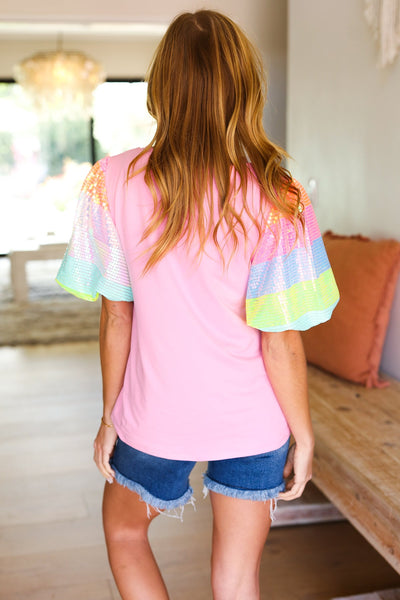 Stand Out Pink Rainbow Sequin Puff Sleeve Top - Online Only!