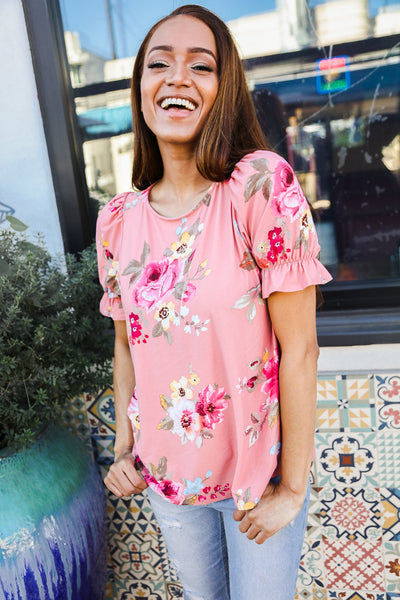 Pretty in Pink Floral Print Short Elastic Ruffle Sleeve Top - Online Only!