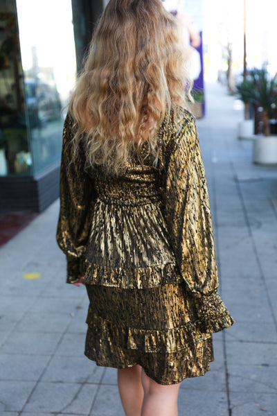 Dazzling Black Gold Foiled Smocked Fit & Flare Dress - Online Only!