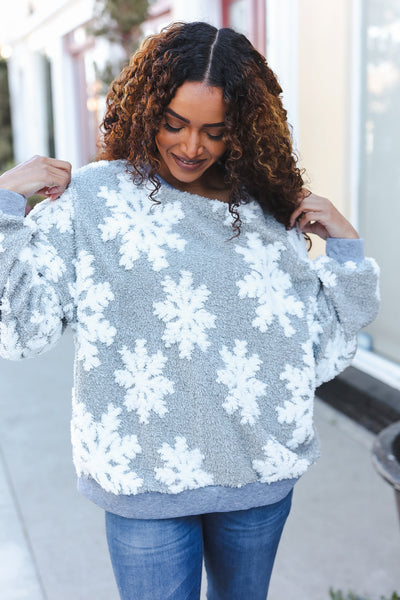Season Greetings Silver Puffy Snowflake Sherpa Pullover - Online Only!