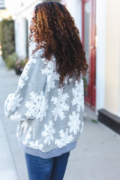 Season Greetings Silver Puffy Snowflake Sherpa Pullover - Online Only!