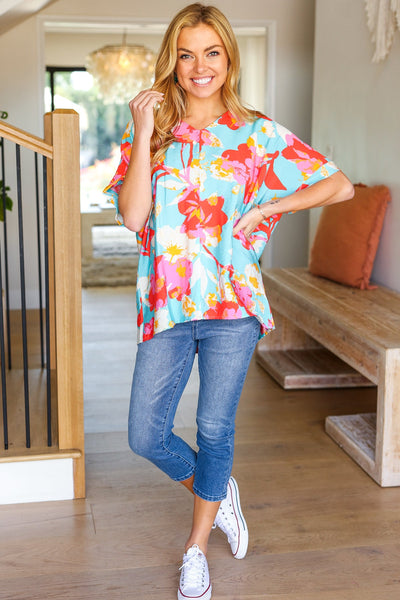 Aqua & Coral Floral V Neck Woven Top - Online Only!