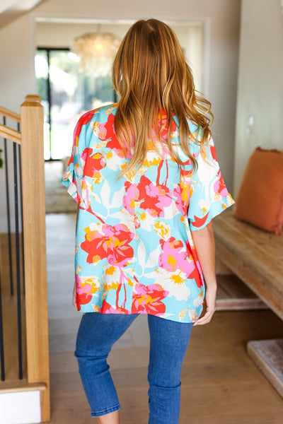 Aqua & Coral Floral V Neck Woven Top - Online Only!