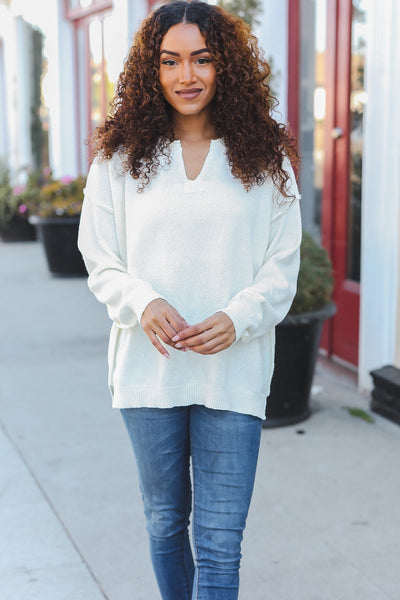 Lock Eyes Ivory Notched Neck With Patch Oversized Sweater - Online Only!