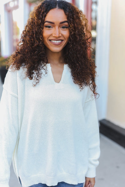 Lock Eyes Ivory Notched Neck With Patch Oversized Sweater - Online Only!