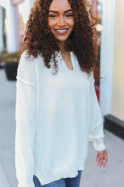 Lock Eyes Ivory Notched Neck With Patch Oversized Sweater - Online Only!