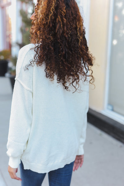 Lock Eyes Ivory Notched Neck With Patch Oversized Sweater - Online Only!