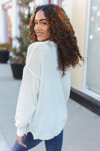 Lock Eyes Ivory Notched Neck With Patch Oversized Sweater - Online Only!