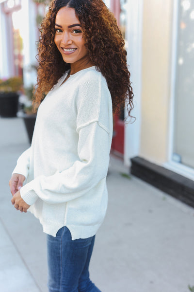 Lock Eyes Ivory Notched Neck With Patch Oversized Sweater - Online Only!