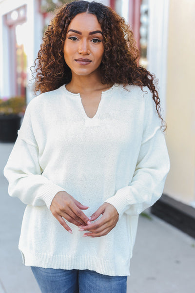 Lock Eyes Ivory Notched Neck With Patch Oversized Sweater - Online Only!