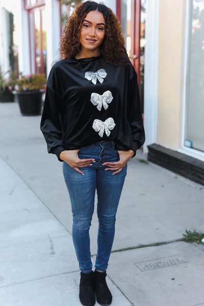 Home For The Holiday Silver Sequin Bow Velvet Pullover Top - Online Only!