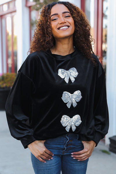 Home For The Holiday Silver Sequin Bow Velvet Pullover Top - Online Only!