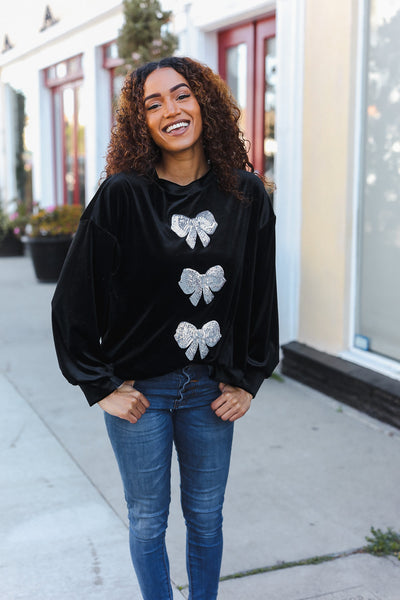 Home For The Holiday Silver Sequin Bow Velvet Pullover Top - Online Only!